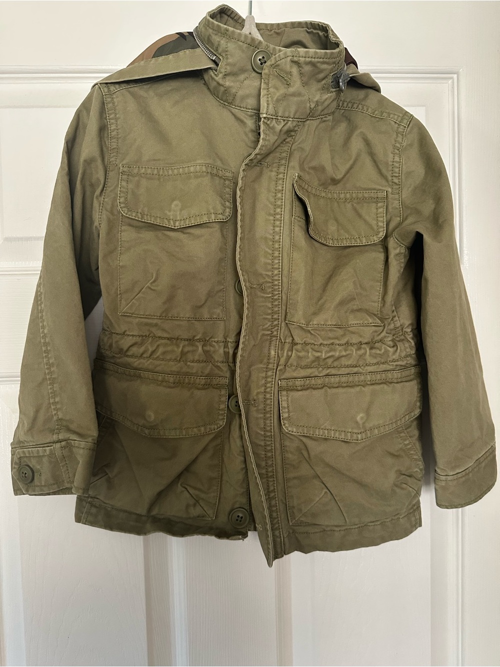 J Crew Crewcuts Hooded Utility Jacket with Camo Hood Olive Green Size 4